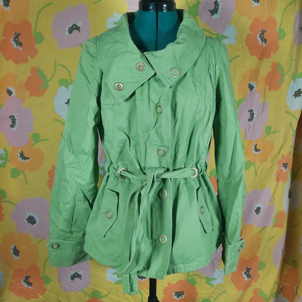 Liz & Co Womens Green Y2K Utility Jacket Medium Cotton Belted Grommet Safari